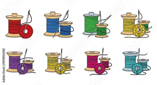 Colorful spools of thread and sewing needles on a white background