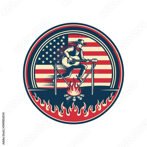 Vintage fireman sitting on a bench with an american flag backdrop