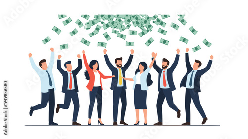 Successful business team in suits cheering and celebrating under a rain of falling money representing high corporate profits and wealth.
