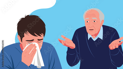 Senior man showing concern and empathy while talking to a young man crying into a tissue during a difficult emotional conversation.