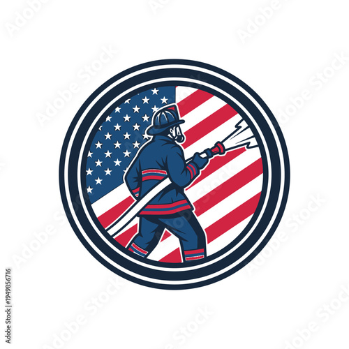 Firefighter in action with the american flag emblem on circular badge