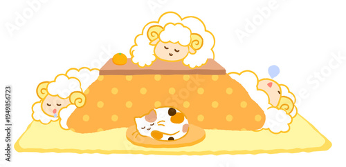 仲良く炬燵（こたつ）でお昼寝するひつじと猫。2027未年のお正月・冬の団らんイラスト。白背景。