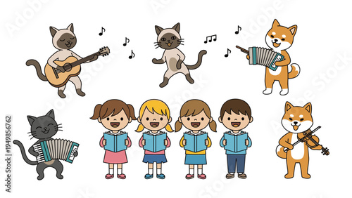 Children choir singing from songbooks accompanied by cats and dogs playing musical instruments in a joyful and creative performance.