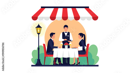 Elegant couple enjoying a romantic dinner date at a luxury outdoor restaurant served by a professional waiter under a red awning.