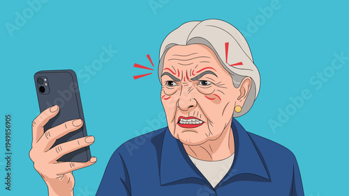 Angry senior woman showing frustration while looking at her smartphone with red irritation marks to depict technology related stress.