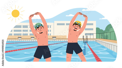 Two young male swimmers doing overhead arm stretches by a stadium swimming pool on a bright sunny day to prepare for their training.