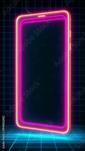 Neon Glowing Smartphone Display on Grid Background