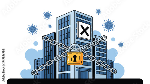 Modern office buildings locked with heavy iron chains and a padlock representing business closures or a pandemic lockdown situation.