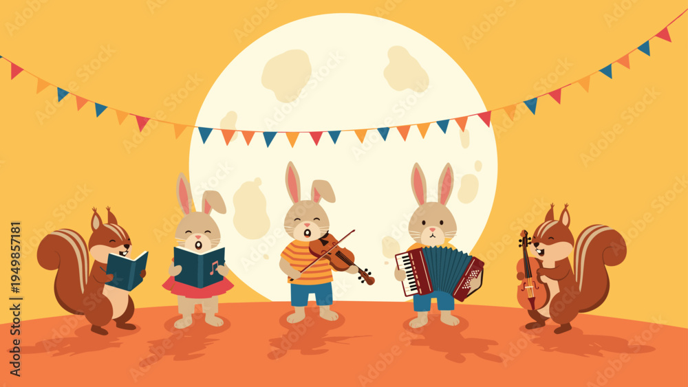 Fototapeta premium Enchanting scene of forest animals like rabbits and squirrels playing musical instruments and singing under a giant bright full moon.