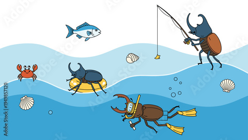 Whimsical scene of various beetles and insects enjoying summer activities like snorkeling, fishing, and floating in a blue water wave.