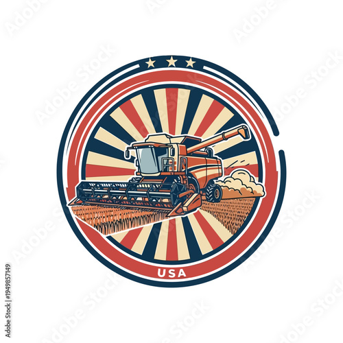 Vintage usda agricultural emblem featuring a combine harvester in action