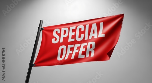Red flag with special offer text on a gray gradient background  promotional symbol for discounts and deals