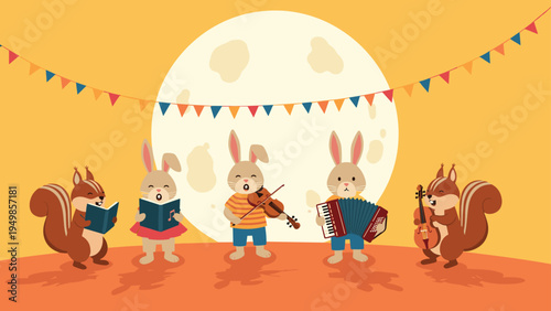 Enchanting scene of forest animals like rabbits and squirrels playing musical instruments and singing under a giant bright full moon.