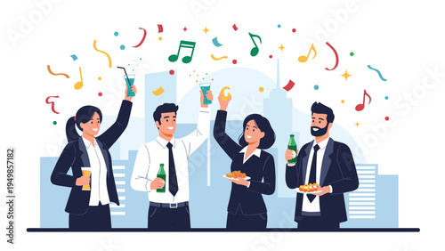 Group of professional business coworkers celebrating at a corporate party with drinks and snacks under colorful confetti and music.