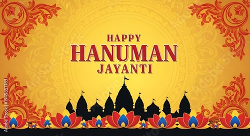 Happy Hanuman Jayanti Greeting Card with Traditional Indian Mandala Art, Hindu Temple Silhouette, and Vibrant Saffron Background Vector Illustration