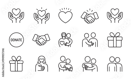 Charity line icon set featuring donation hands heart symbols community support and volunteering outline design