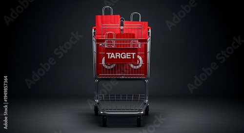 Shopping cart with red Target bags on dark background for retail and commerce concepts