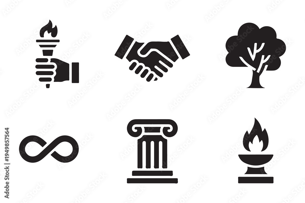 Εκτύπωση καμβά Legacy and leadership icon set featuring torch handshake tree infinity column an