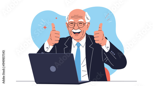 Smiling elderly man wearing glasses and a suit giving a double thumbs up gesture while sitting in front of his laptop computer.