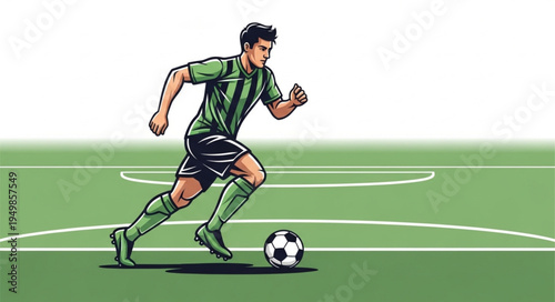 Soccer Player Dribbling Ball on Field.