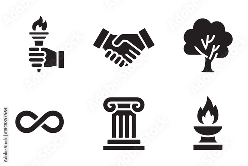 Legacy and leadership icon set featuring torch handshake tree infinity column and eternal flame solid symbols