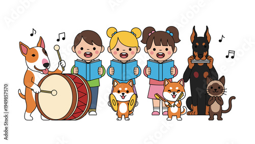 Group of joyful cartoon children and cute animal pets singing together in a choir while playing various musical instruments.