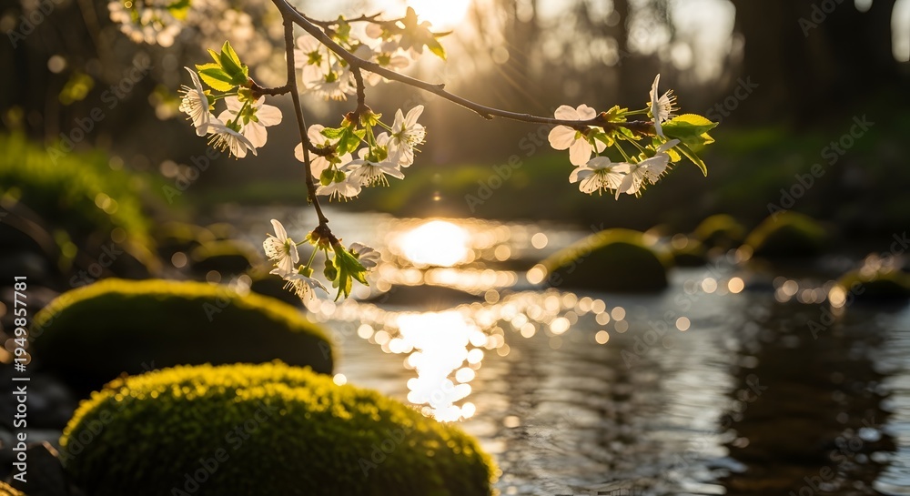 Naklejka premium Mossy Stream at Sunrise with Soft Bokeh Highlights