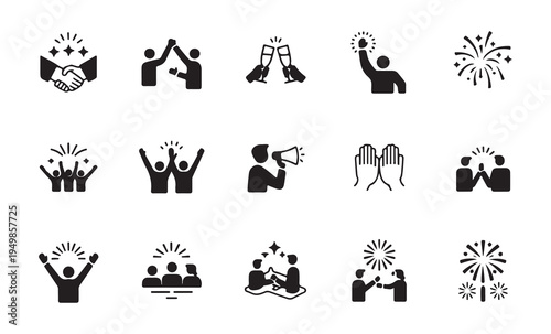 Celebration and success flat black vector icons set showing people cheering, toasting, and fireworks