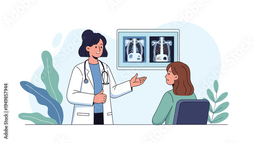 Professional female doctor in a white coat explaining lung x-ray results to a female patient sitting in an office chair.