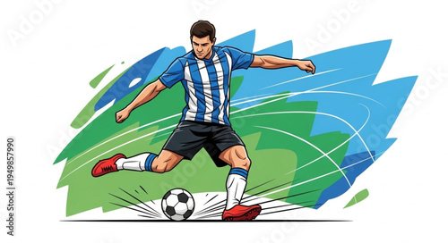 Soccer Player Kicking Ball During Game Action.