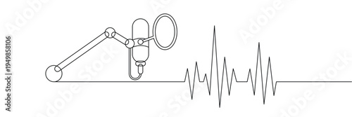 Continuous one line drawing of a professional studio microphone on boom arm with audio sound wave. Editable stroke outline. Single contour art. Doodle hand drawn vector illustration