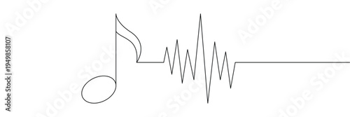 Continuous one line drawing of musical note merging into rhythmic sound wave and frequency pulse. Editable stroke outline. Single contour art. Doodle hand drawn vector illustration