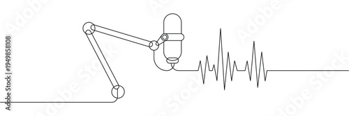 Continuous one line drawing of professional microphone on boom arm with audio sound wave frequency. Editable stroke outline. Single contour art. Doodle hand drawn vector illustration