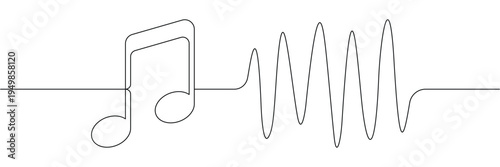 Continuous one line drawing of musical note and sound wave frequency for audio music concept. Editable stroke outline. Single contour art. Doodle hand drawn vector illustration
