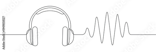 Continuous one line drawing of headphones with sound wave frequency for music and audio technology. Editable stroke outline. Single contour art. Doodle hand drawn vector illustration