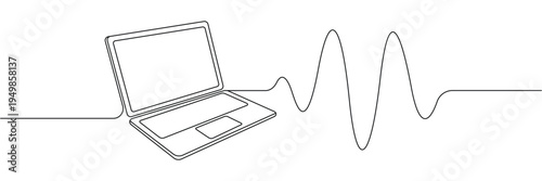 Continuous one line drawing of a laptop computer connected to a digital sound wave frequency signal. Editable stroke outline. Single contour art. Doodle hand drawn vector illustration