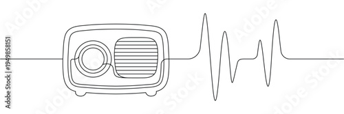 Continuous one line drawing of a vintage radio receiver with sound wave frequency signal pulse. Editable stroke outline. Single contour art. Doodle hand drawn vector illustration