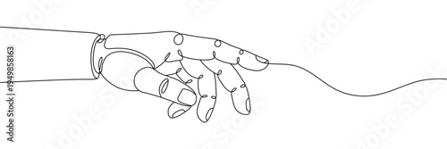 Continuous one line drawing of robotic hand reaching out representing future technology and digital automation. Editable stroke outline. Single contour art. Doodle hand drawn vector illustration