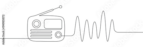 Continuous one line drawing of a vintage radio receiver with sound wave frequency signal illustration. Editable stroke outline. Single contour art. Doodle hand drawn vector illustration