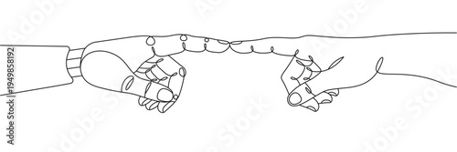 Continuous one line drawing of human hand and robot hand touching fingers for technology connection. Editable stroke outline. Single contour art. Doodle hand drawn vector illustration