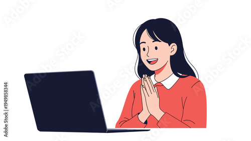 Young woman with dark hair looking happily and excitedly at her laptop computer screen with her hands clasped together.