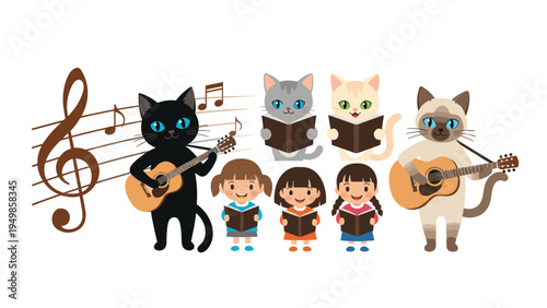 Group of cute cats and young girls singing and playing guitars together in a musical ensemble with floating notes.
