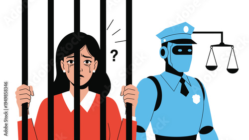Crying woman behind metal prison bars looking at a robot police officer holding the scales of justice in a symbolic scene.