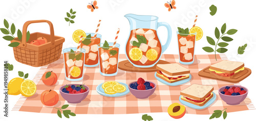 Summer Picnic Food Vector Illustration Set Featuring Lemon Iced Tea, Sandwiches, Fresh Fruits, Berries and Outdoor Picnic Basket