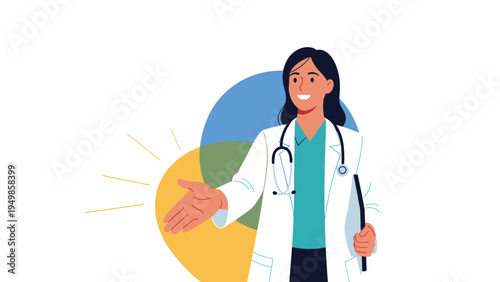 Friendly female doctor wearing a white lab coat and stethoscope offering a handshake against a colorful abstract background.