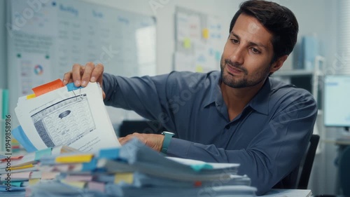 Overworked young Latin businessman reading document in large stack of paperwork files at office desk. Tax audit deadline, accounting stress, corporate burnout, bookkeeping, bureaucracy concept.