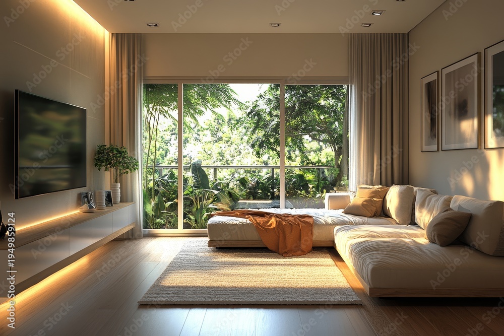 Fototapeta premium Home living room interior featuring a relaxing space, TV screen, window, and mock-up wall for design customization, Generative AI