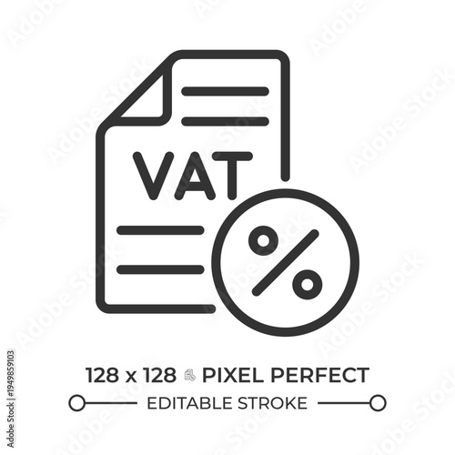 Vat pixel perfect line icon. Value added tax. Credit system, purchase price. Financial document, percentage sign. Isolated vector illustration. Outline symbol. Simple linear drawing. Editable stroke