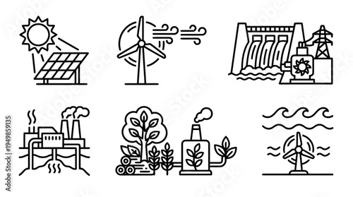 Renewable energy outline icons with solar wind power plant water and eco sustainability concept