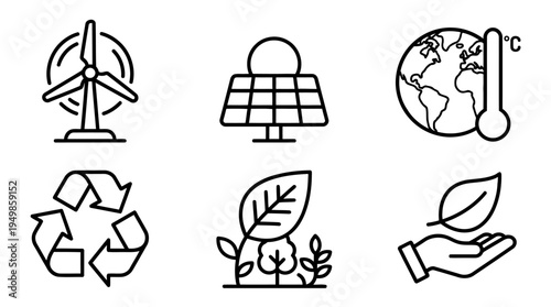 Green energy symbols outline icons with wind turbine solar panel earth recycle concept